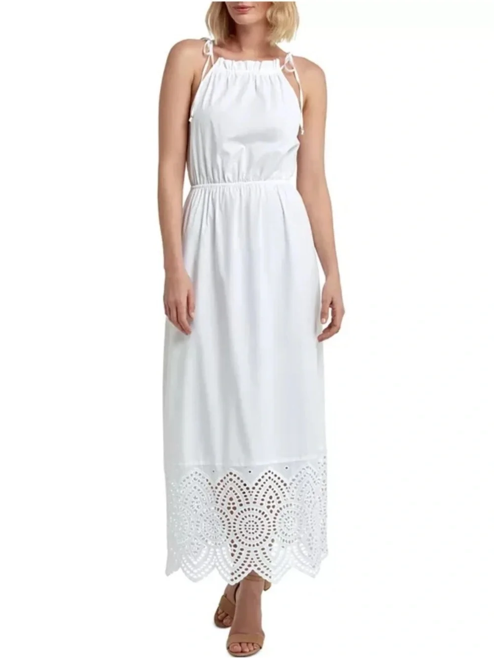 H Halston White Tie-Shoulder Maxi Dress with Eyelet Hem - Picture 9 of 9